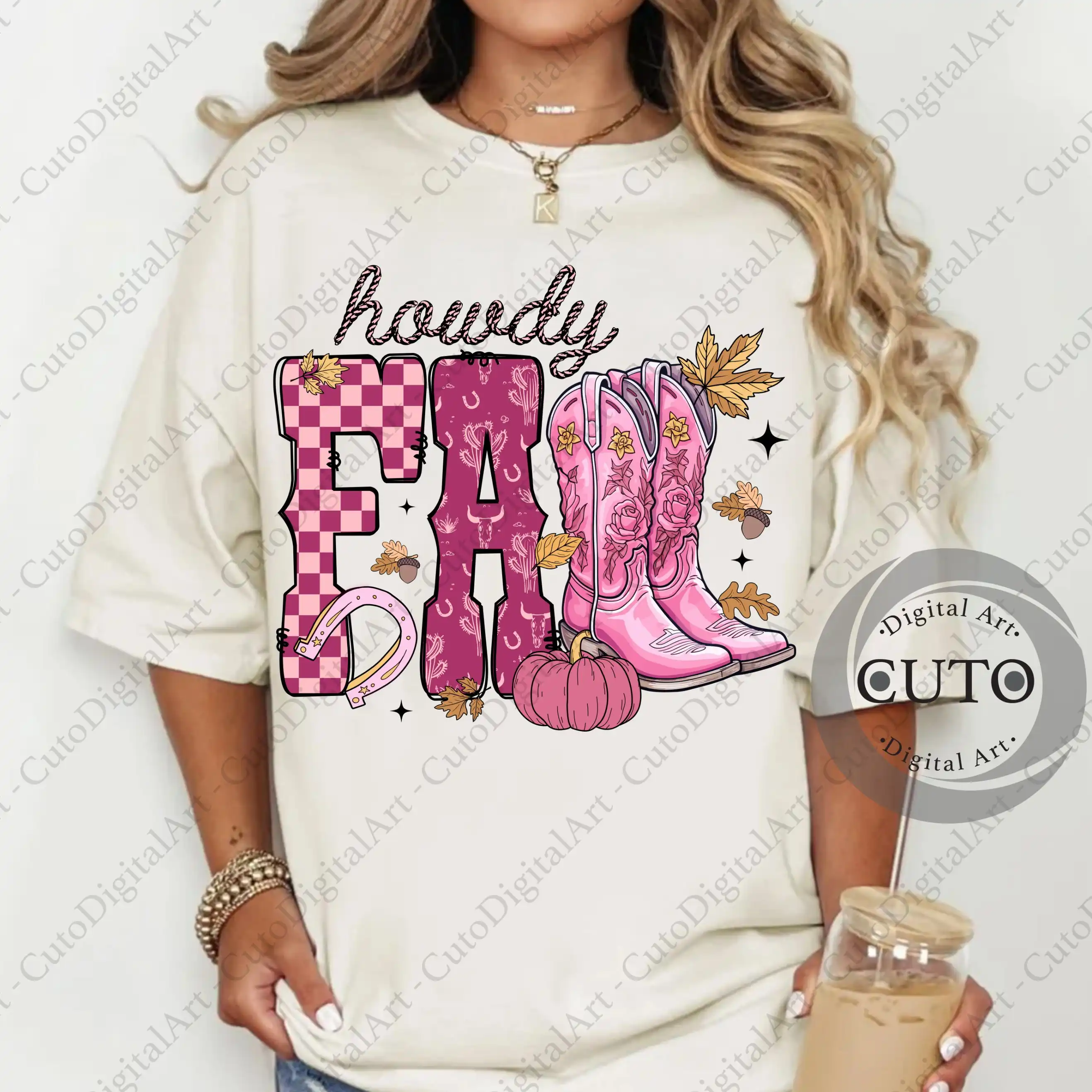 Howdy Fall Western Cowboy Boot Design for T-Shirts & Sweatshirts with Pink Autumn Theme - PNG Digital Download