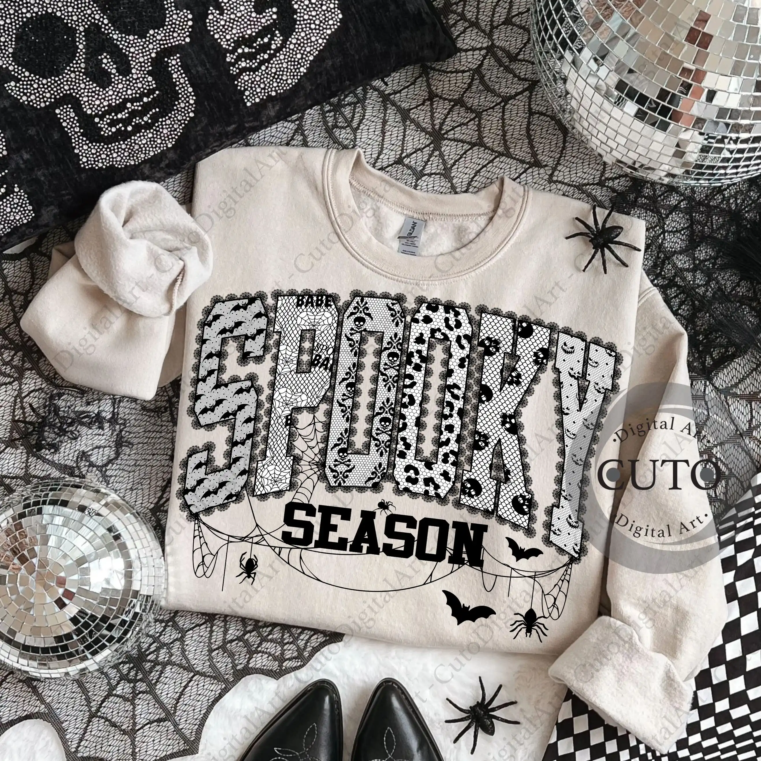 Spooky Season Halloween T-Shirt Design with Decorative Lace Pattern & Bats - Trendy Sweatshirts PNG Digital Download