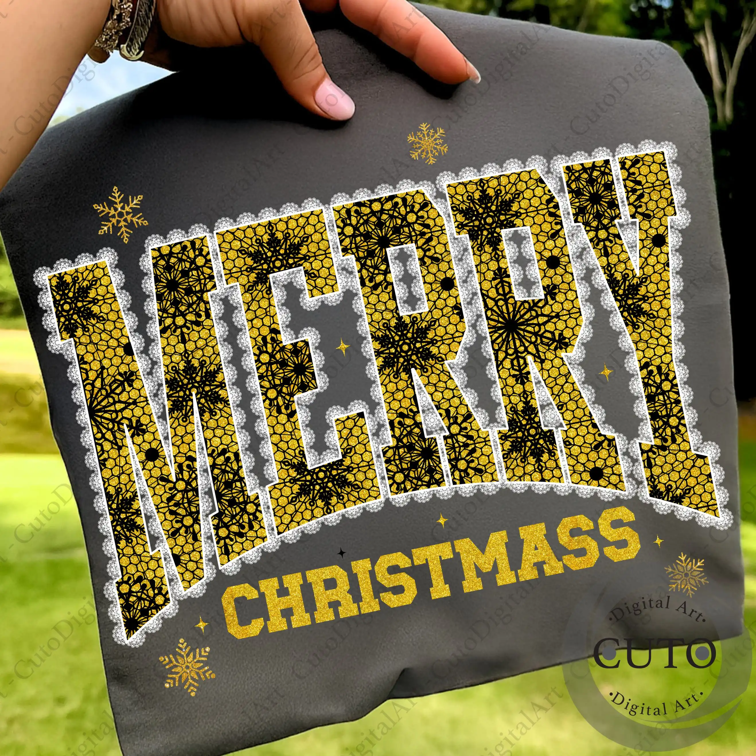 Merry Christmas T-Shirt Design with Gold Honeycomb and Lace Pattern  & Snowflakes - Premium Holiday PNG Digital Download