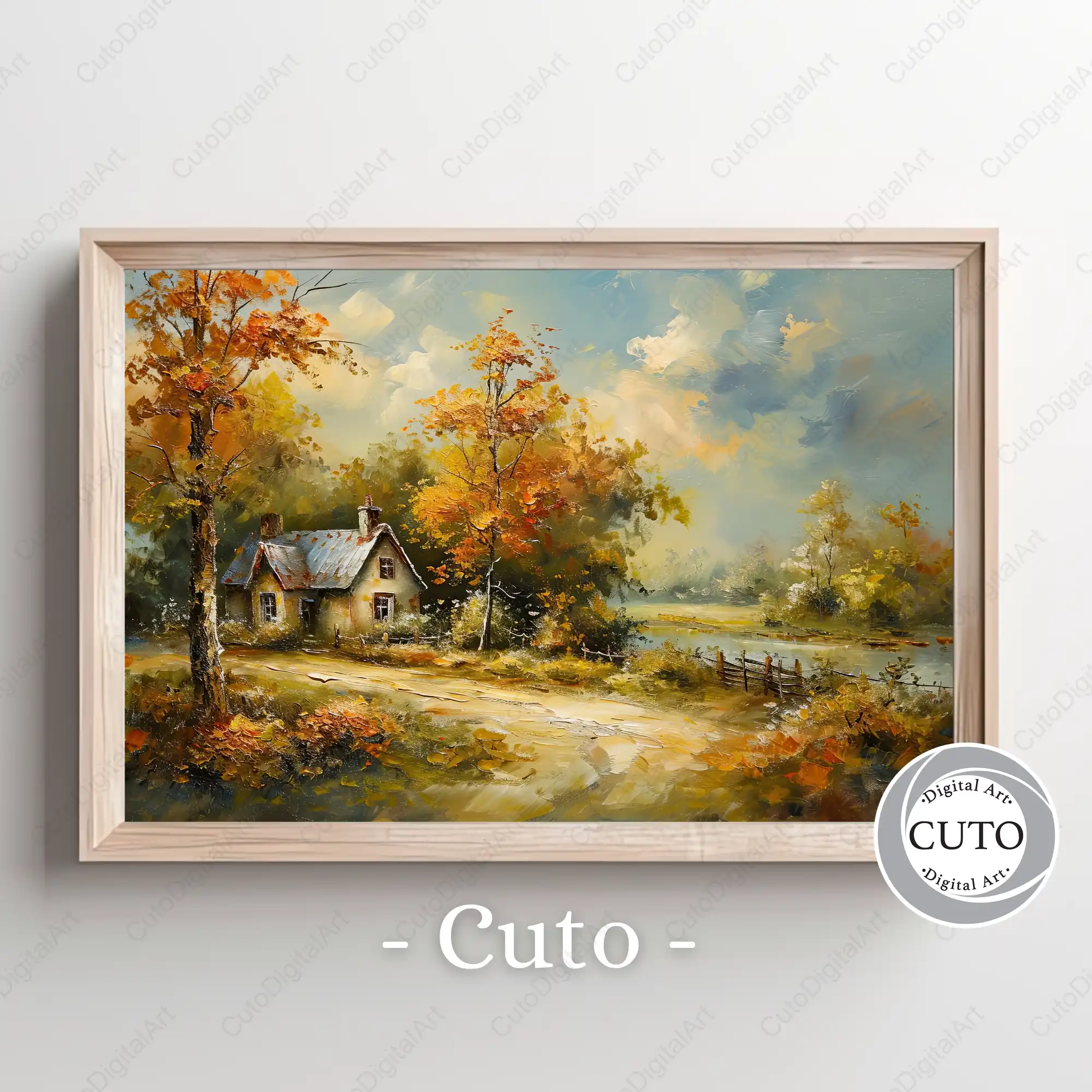 Autumn Cottage Landscape Wall Art Design with Golden Fall Trees & Rustic Charm - JPG Digital Download