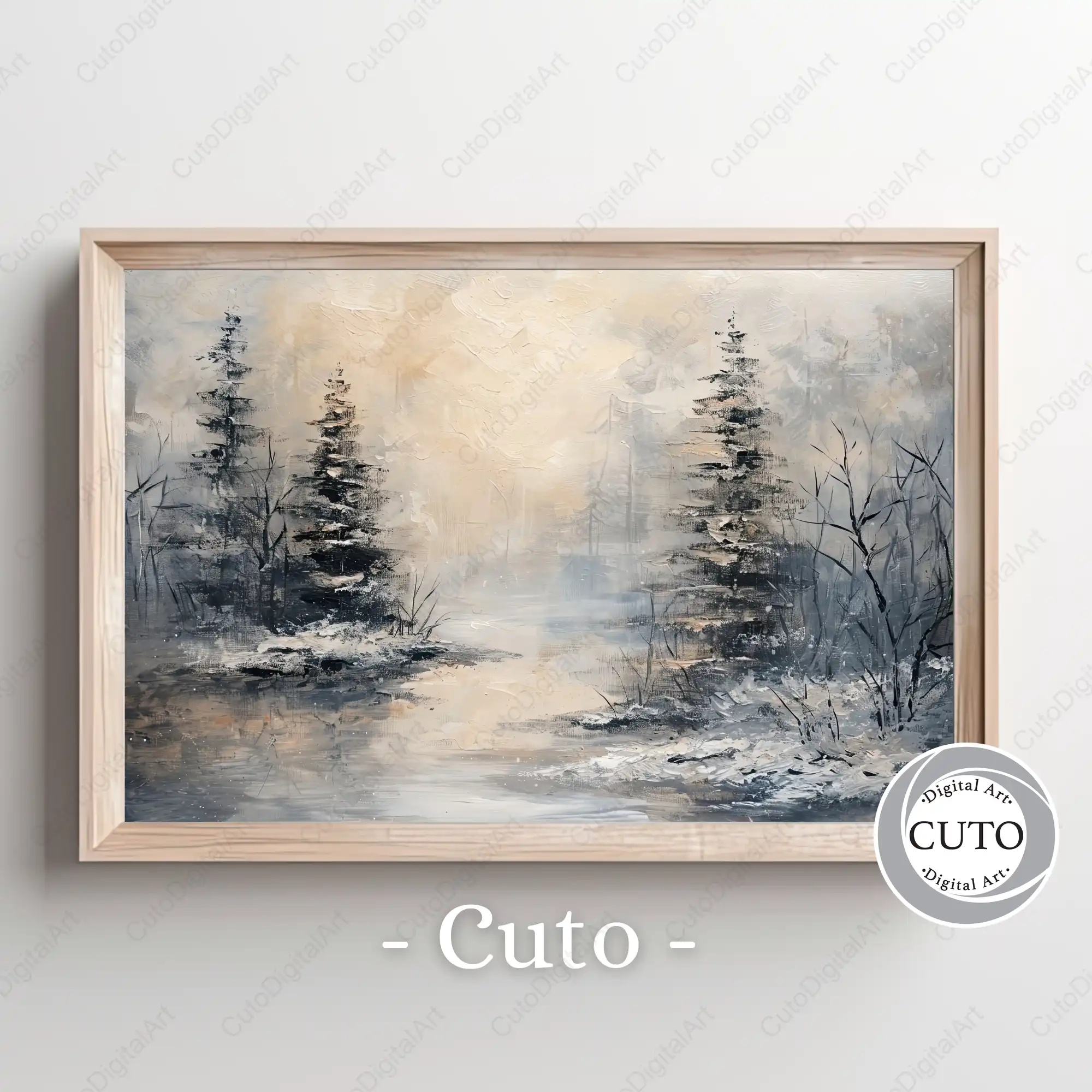 Winter Forest Landscape Wall Art Design with Evergreen Trees & Snow Scene - Professional JPG Digital Download
