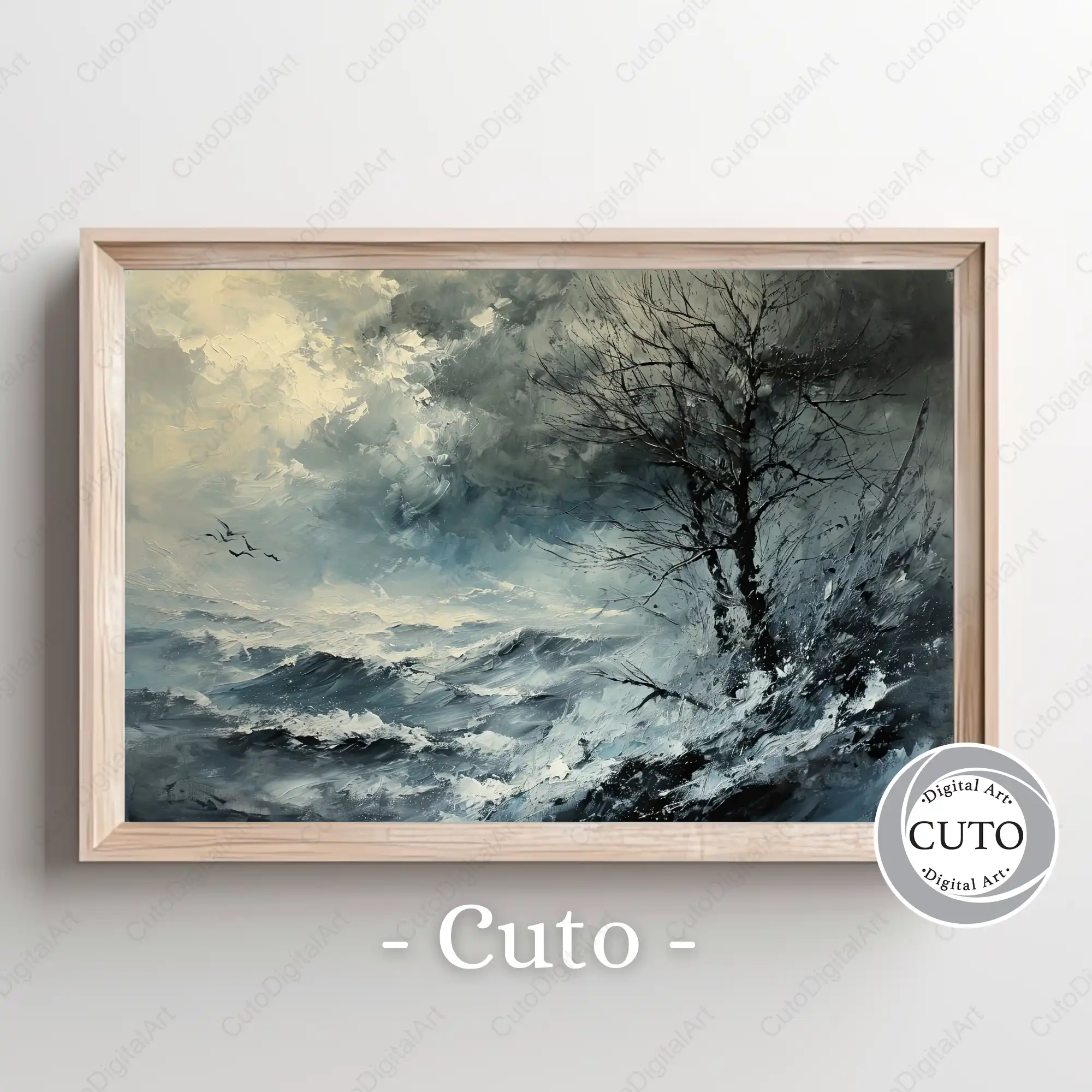 Dramatic Stormy Ocean Seascape Wall Art with Bare Tree & Turbulent Waves - Moody Atmospheric JPG Download