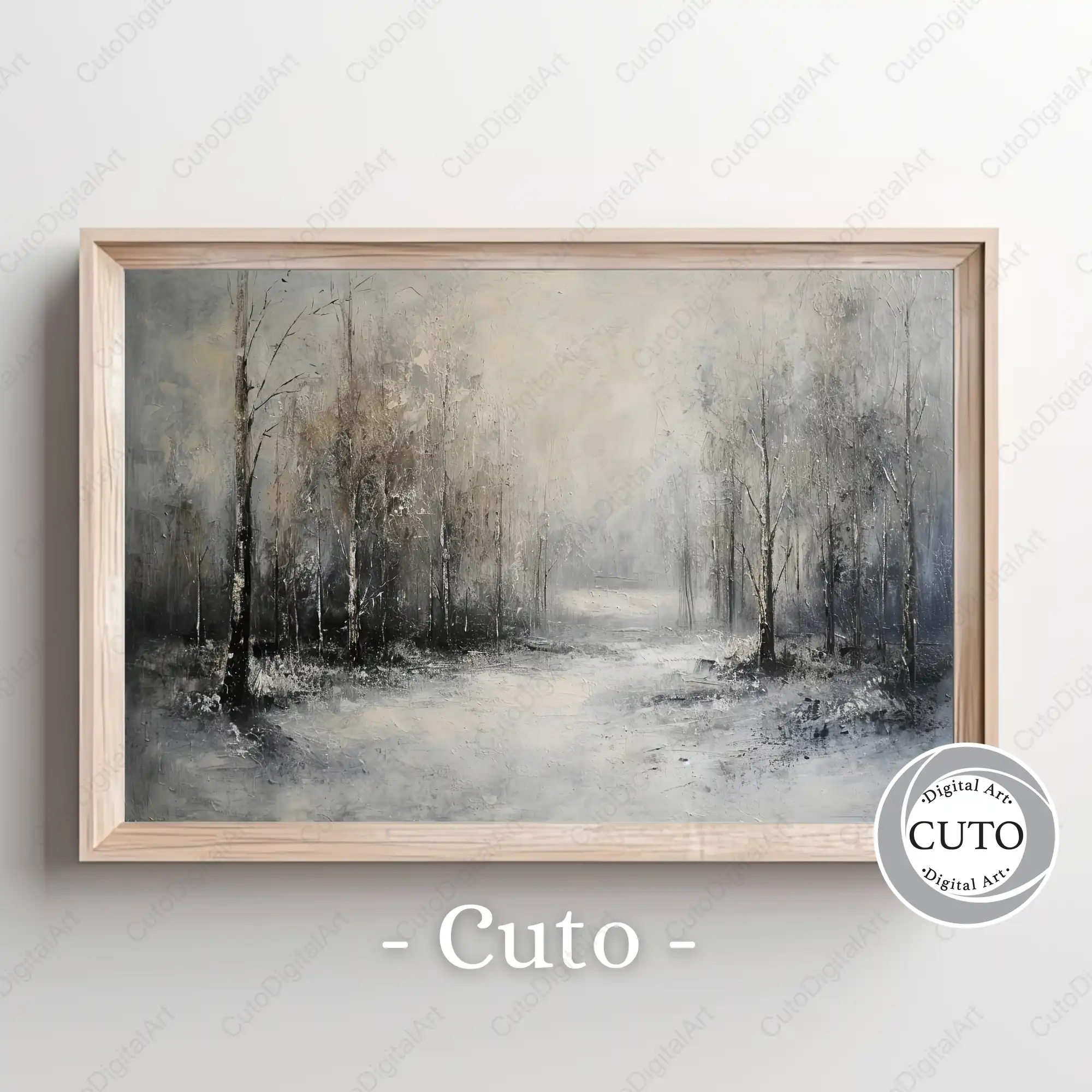 Misty Forest Path Wall Art Design with Atmospheric Woodland Scene in Neutral Tones - JPG Digital Download