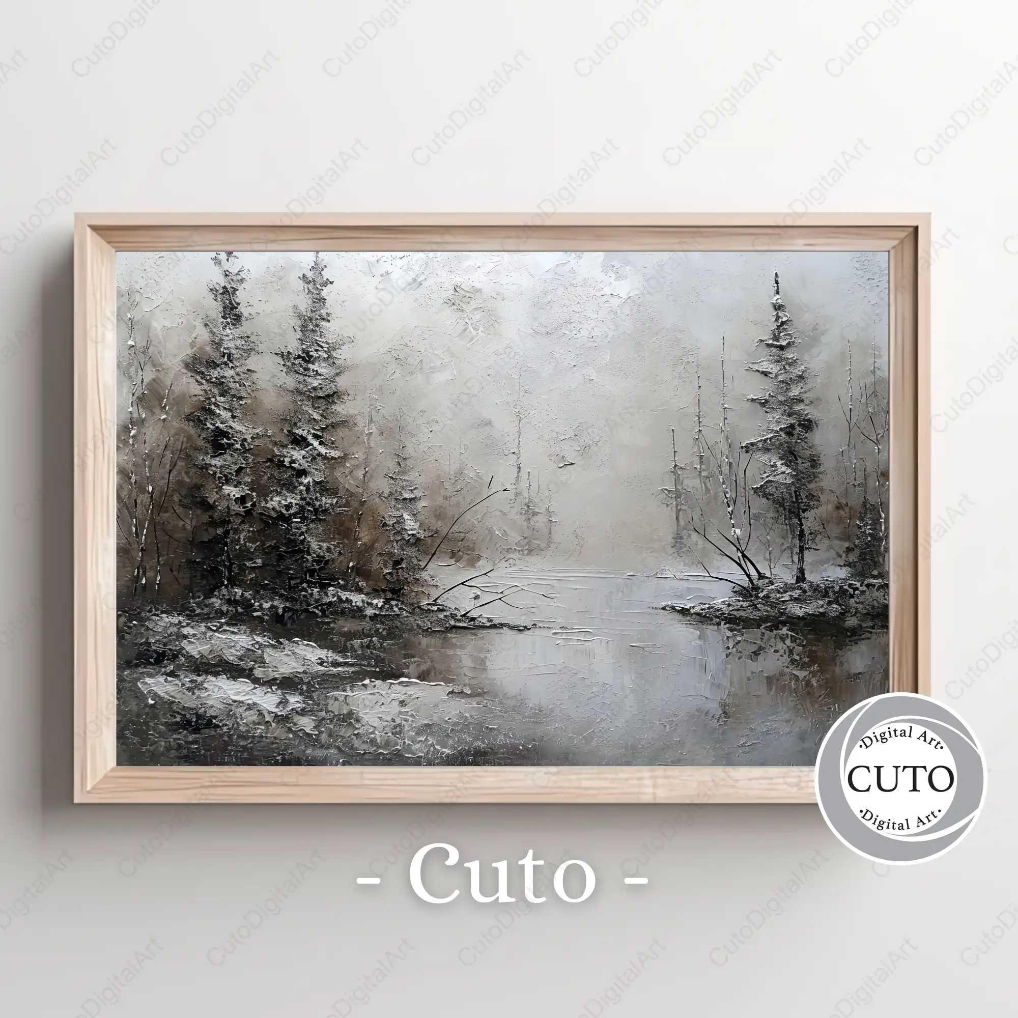Winter Forest Landscape Wall Art Design with Snowy Pine Trees & Misty Atmosphere - Textured JPG Digital Download