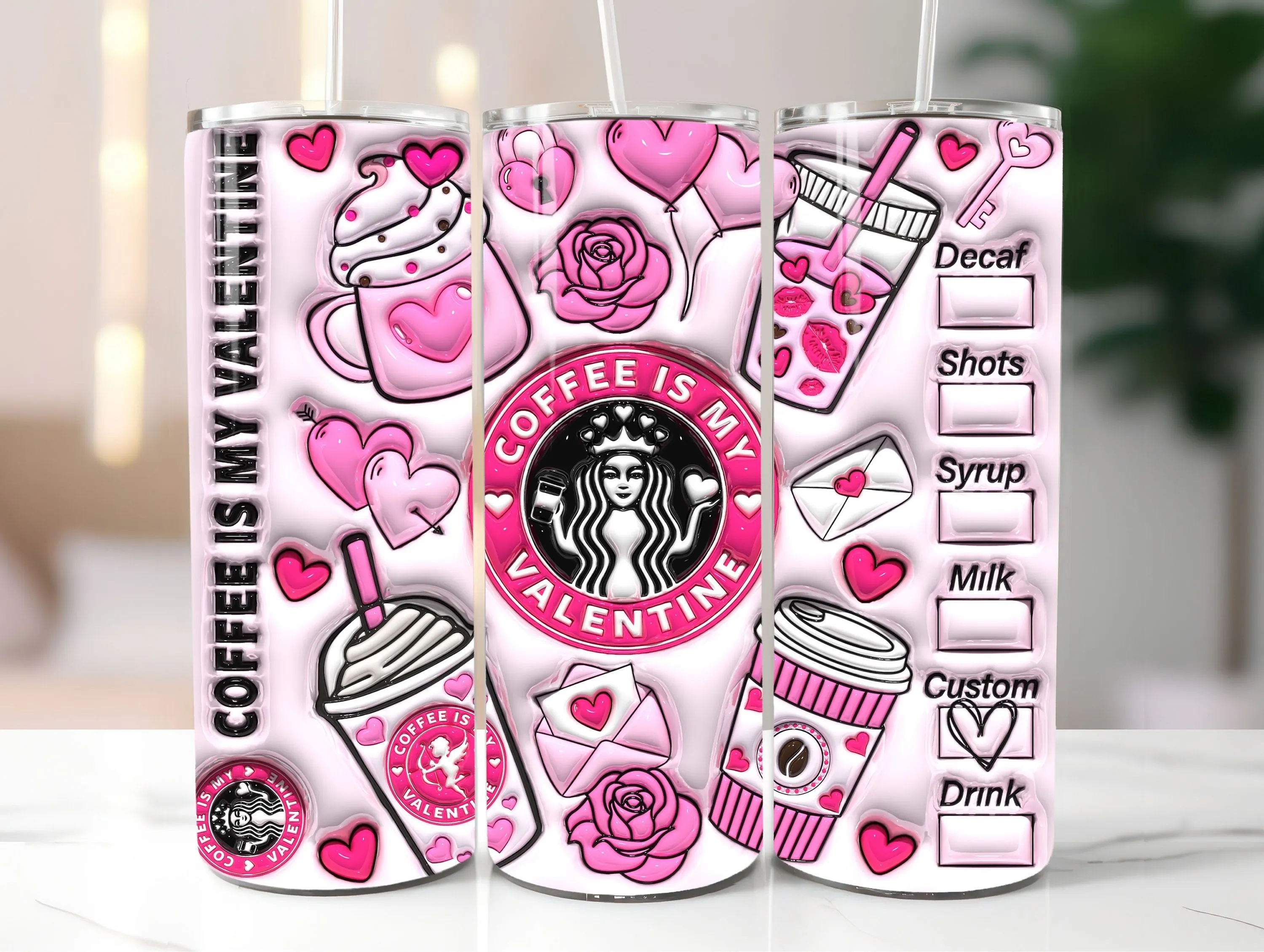 3D Pink Puffy Valentine's Day Digital Design for Coffee Lovers, Coffee is my Valentine Inflated Tumbler Wrap PNG, 20oz Tumbler Sublimation